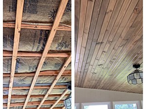 Drop ceiling removed and Tongue and grove pine installed in a sunroom